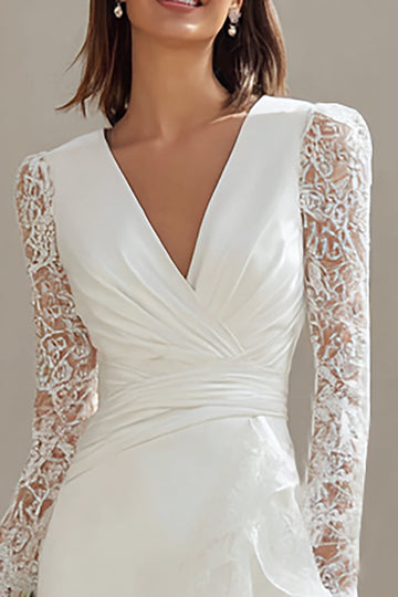 Ivory V-Neck Bodycon Ruched Lace Sleeves Short Wedding Dress with Slit
